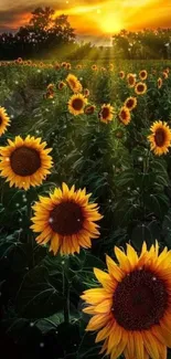 Sunflowers under a vibrant sunset sky, perfect for mobile wallpaper.