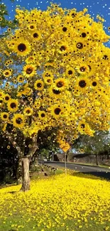 Sunflowers bloom on a vibrant tree with a bright sky.