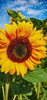 Sunflower in full bloom against blue sky.