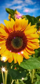 Bright sunflower with vivid yellow petals against a blue sky.