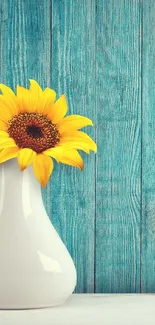 Sunflower vase on blue wood wallpaper.