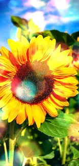 Bright sunflower in green field under blue sky.