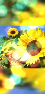 Bright sunflower wallpaper with vibrant yellow hues and green leaves.