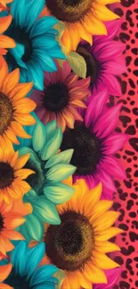 Vibrant wallpaper of sunflowers and leopard print pattern.
