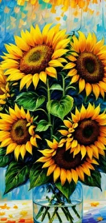 Vibrant sunflower bouquet in a clear vase art wallpaper.