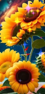 Sunflowers with a cosmic background forming a vibrant mobile wallpaper.