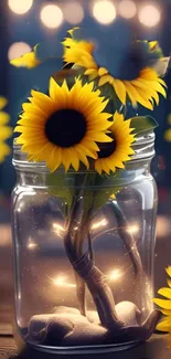 Vibrant sunflowers in a glowing jar on a table