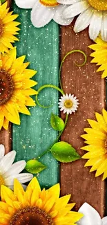 Vibrant sunflower and daisy wallpaper with rustic wood background.