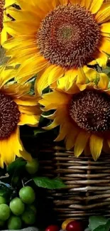 Vibrant sunflowers in a woven basket wallpaper.