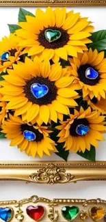 Sunflowers with jewel accents and gold frame.