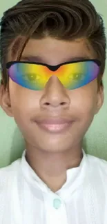 Youth wearing vibrant rainbow sunglasses on a green background.