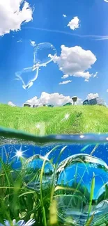 Tranquil meadow with bubbles in vibrant sunshine.