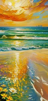 Vibrant painting of a sunrise over a beach with colorful waves.