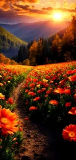 Orange flower path at sunrise with vibrant, scenic landscape.