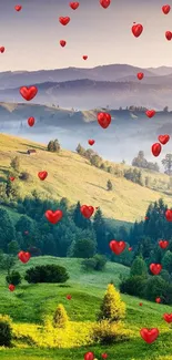 Vibrant sunrise over lush green hills with misty mountains in the background.