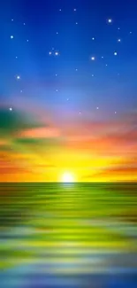 Vibrant sunrise over ocean with stars in a colorful sky wallpaper.