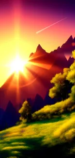 Colorful sunrise over mountains with trees in foreground.