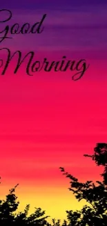 Good morning wallpaper with vibrant sunrise and silhouette trees.