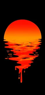 Vibrant orange-red sunset melting into water on a black background.