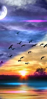 Vibrant sunset with flying birds and colorful sky reflecting on water.