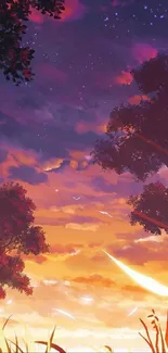 Vibrant anime sunset wallpaper with glowing orange and purple sky.