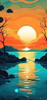 Vibrant sunset over a tranquil lake with silhouetted trees in artistic style.