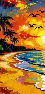 Colorful sunset beach artwork with palm trees and vibrant ocean.
