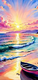 Vibrant beach painting with sunset and small boat on the shore.