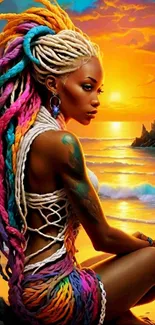 Woman with colorful dreadlocks at sunset beach.