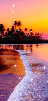 Vibrant sunset beach with palm trees and colorful sky.