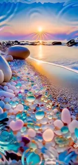 Colorful beach with stones at sunset.