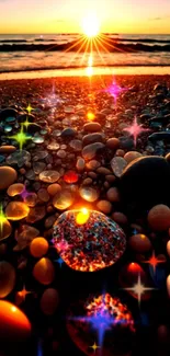 Sparkling pebbles on a beach at sunset with vibrant colors and a tranquil glow.