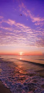 Vibrant sunset over tranquil beach with purple sky and ocean waves.