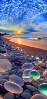 Colorful beach at sunset with glowing pebbles and vibrant sky.