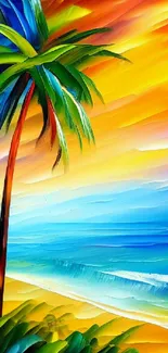 Vibrant sunset beach scene with palm trees and vivid colors.