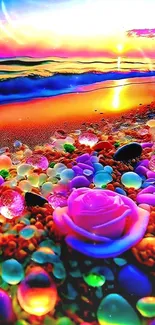 Vibrant sunset over a colorful beach with stones and a pink rose.