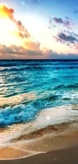 Vibrant sunset on a beach with ocean waves and colorful sky.