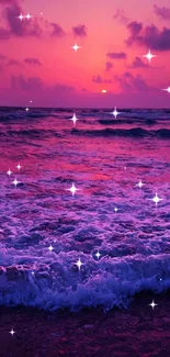 Purple sunset beach wallpaper with ocean waves and vibrant sky.