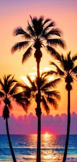 Tropical sunset beach wallpaper with silhouetted palm trees and vibrant colors.