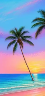 Vibrant sunset beach wallpaper with palm trees.