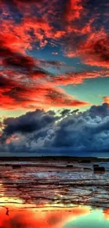 Vibrant sunset reflecting over a serene beach.