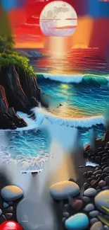 Surreal sunset beach scene with vibrant colors and ocean waves.