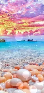 Vibrant sunset beach with colorful sky and tranquil ocean view.