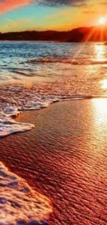 Bright sunset over a sandy beach with vibrant waves.