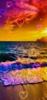 Vibrant sunset beach with colorful sky and hearts