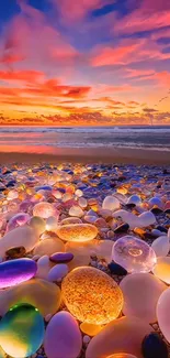 Vibrant sunset beach with colorful pebbles and dramatic sky.