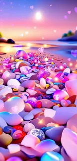 Vibrant sunset beach with colorful pebbles and calm waters.