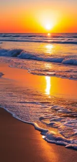 Vibrant sunset over a serene ocean beach with gentle waves and golden reflections.