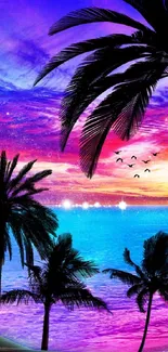 Vibrant sunset beach with palm trees and purple sky.