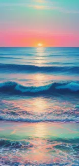 Vibrant ocean sunset wallpaper with waves and pastel colors.